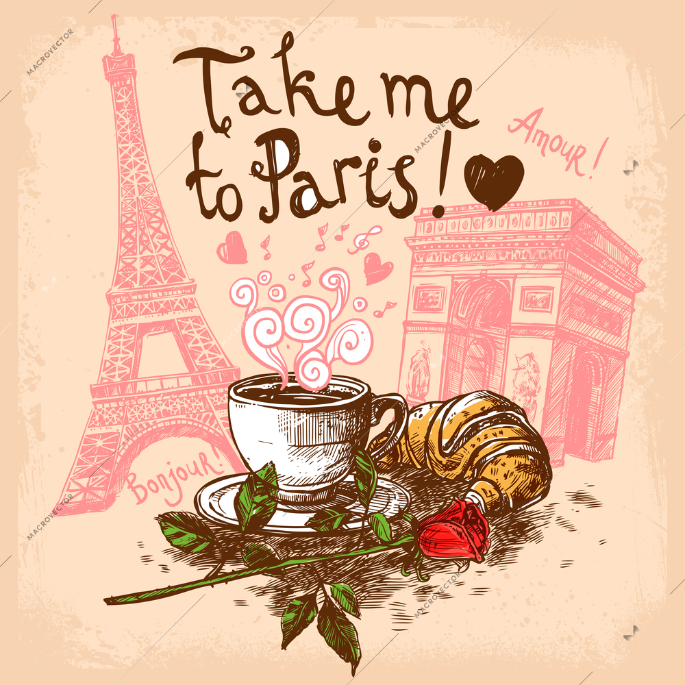 Take me to paris hand drawn concept with coffee cup croissant Eiffel tower and triumphal arch concept vector illustration