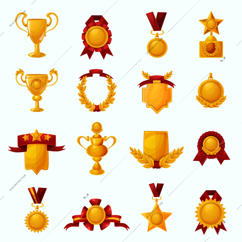 Golden award cups and champion shields with ribbons cartoon icons set isolated vector illustration