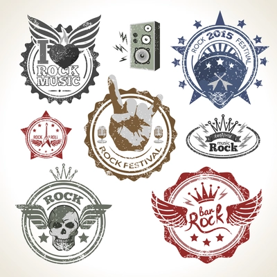 Rock and roll music festival symbols and stamps set isolated vector illustration