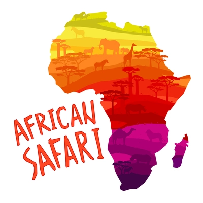 African safari concept with African mainland silhouette filled with animals and trees concept vector illustration.