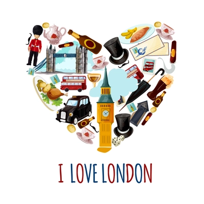 London touristic poster with cartoon tourist landmarks in heart shape vector illustration