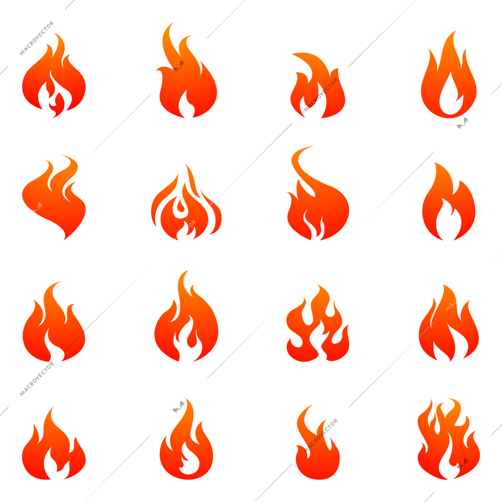 Fire silhouette red and orange color flat icon set isolated vector illustration