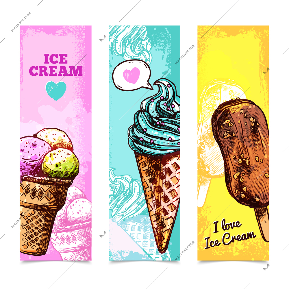 Sweet ice cream vertical banner hand drawn set isolated vector illustration