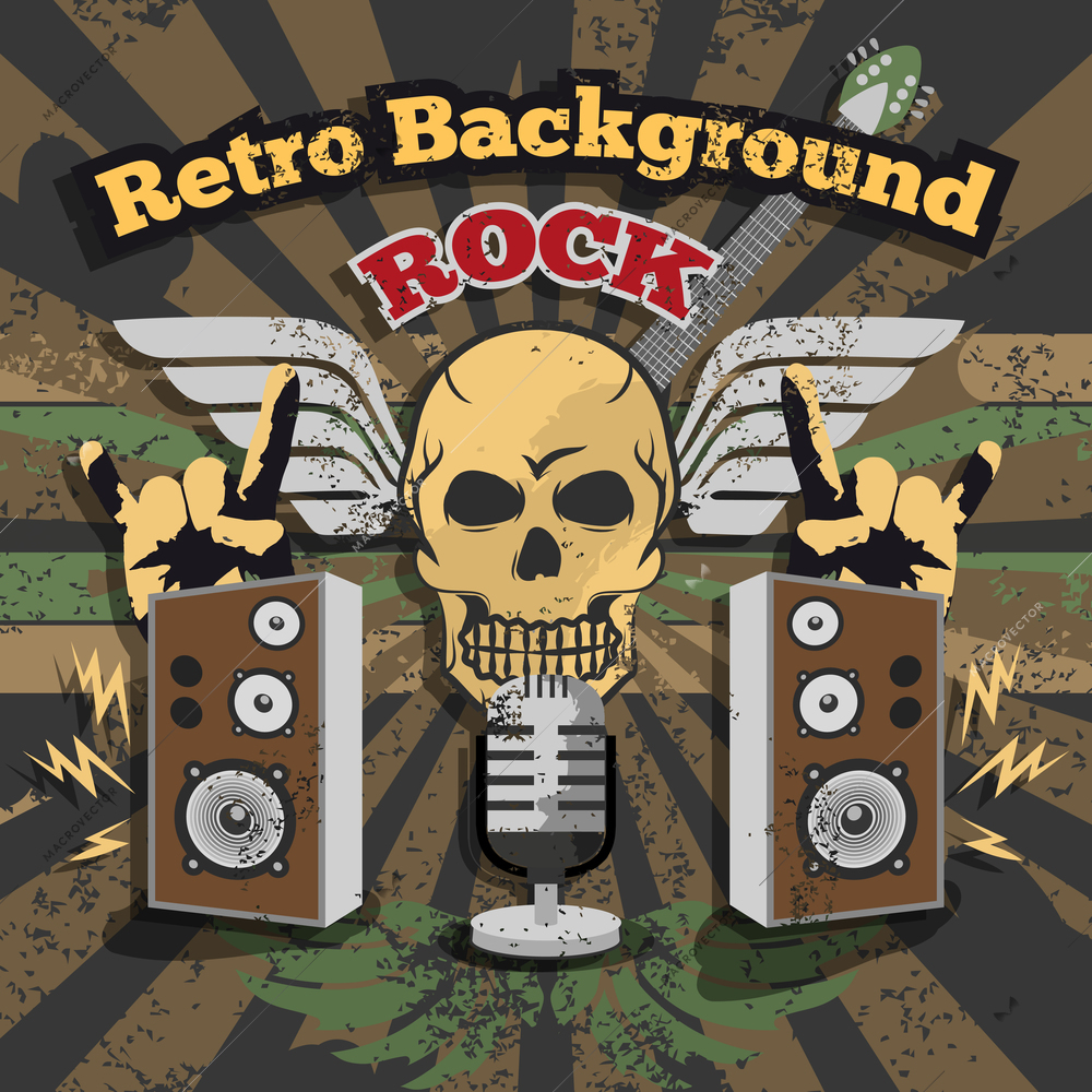 Retro rock music background with skull and loud speakers vector illustration