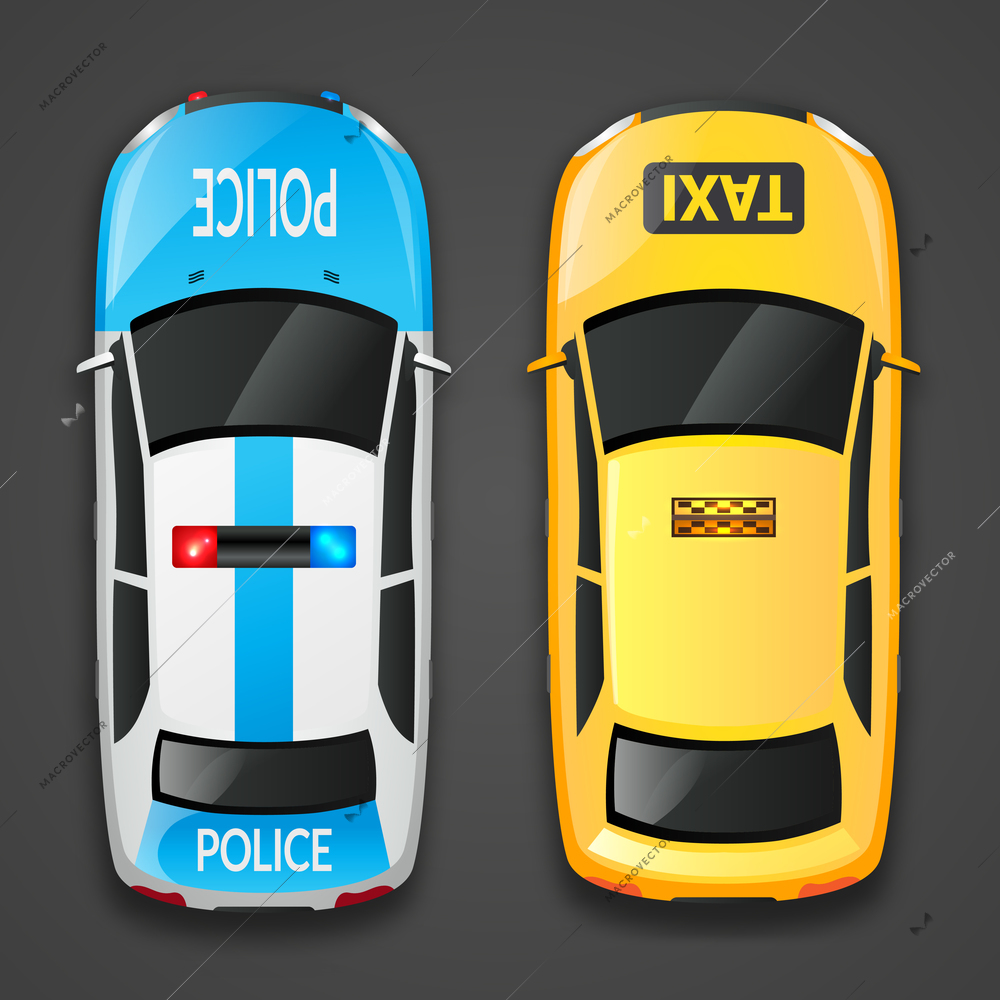 Police auto and taxi car decorative icons set isolated on dark background vector illustration