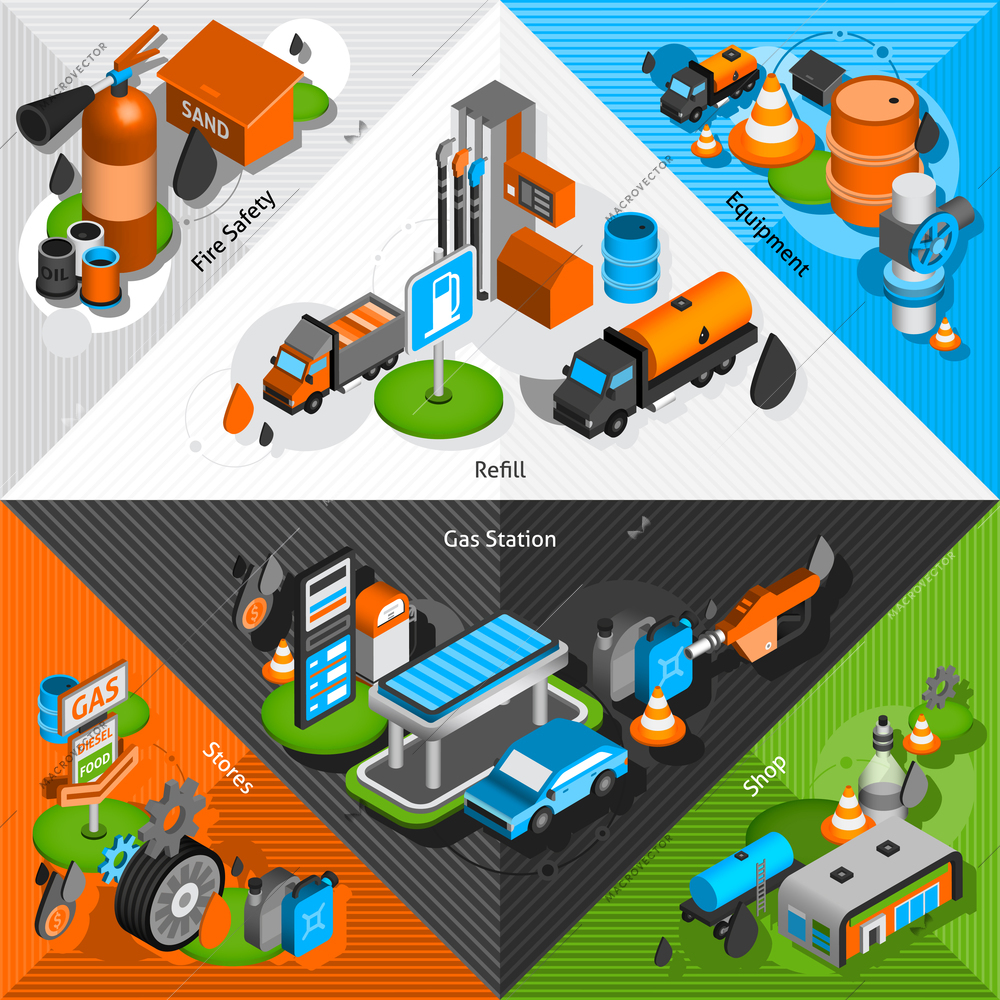 Gas station with shop store equipment and safety isometric corners set isolated vector illustration