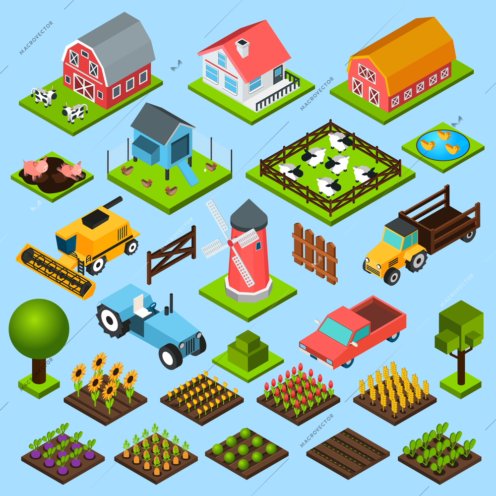 Farm toy blocks modeling mill harvesting combine and chicken house isometric icons set isolated abstract vector illustration