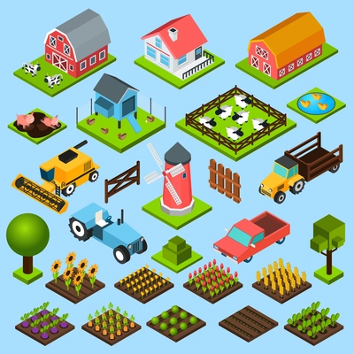 Farm toy blocks modeling mill harvesting combine and chicken house isometric icons set isolated abstract vector illustration