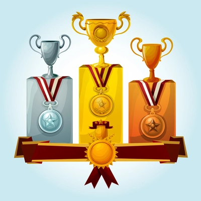 Golden cups and medal trophies on winners podium cartoon vector illustration