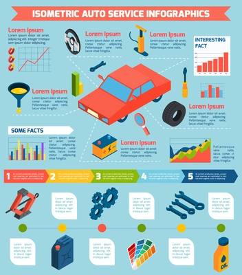 Auto service repair parts and consumables with statistics and stages isometric infographics vector illustration