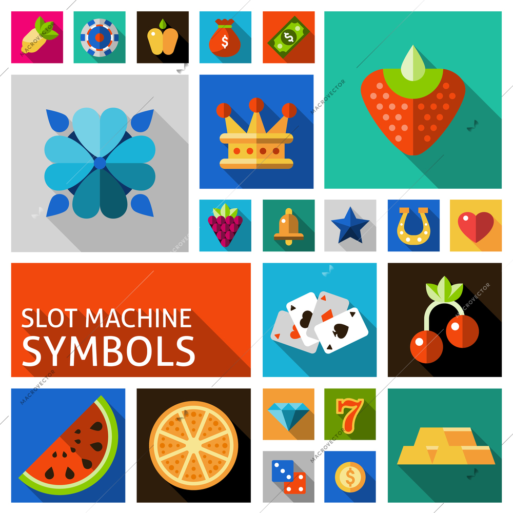 Slot machine symbols such as cards horseshoe strawberry crown flat shadow icons set isolated vector illustration