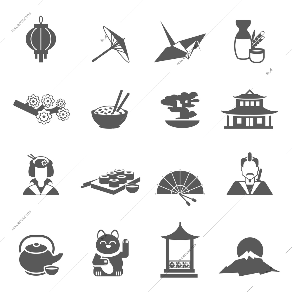 Japan symbols gray silhouette flat icon set isolated vector illustration
