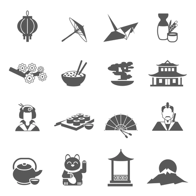 Japan symbols gray silhouette flat icon set isolated vector illustration