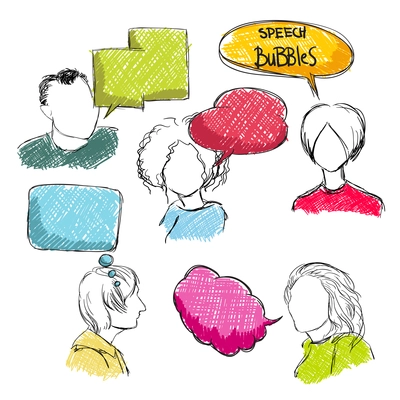 Doodle comic speech bubbles with men and women isolated vector illustration