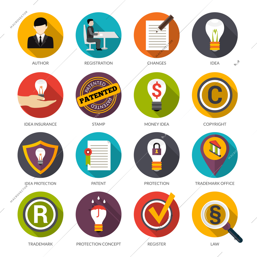 Patent idea protection flat icons set with author trademark copyright symbols isolated vector illustration