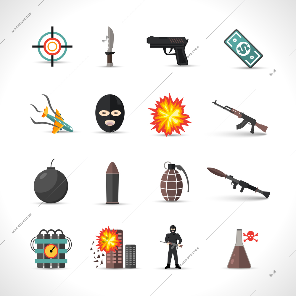 Terrorism icons set with different type of terror crimes symbols isolated vector illustration