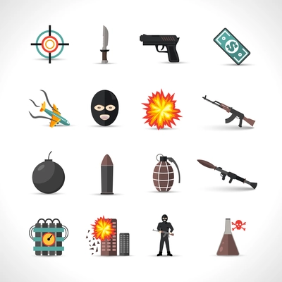 Terrorism icons set with different type of terror crimes symbols isolated vector illustration