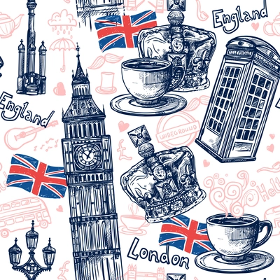 London seamless pattern with sketch telephone booth big ben crown vector illustration