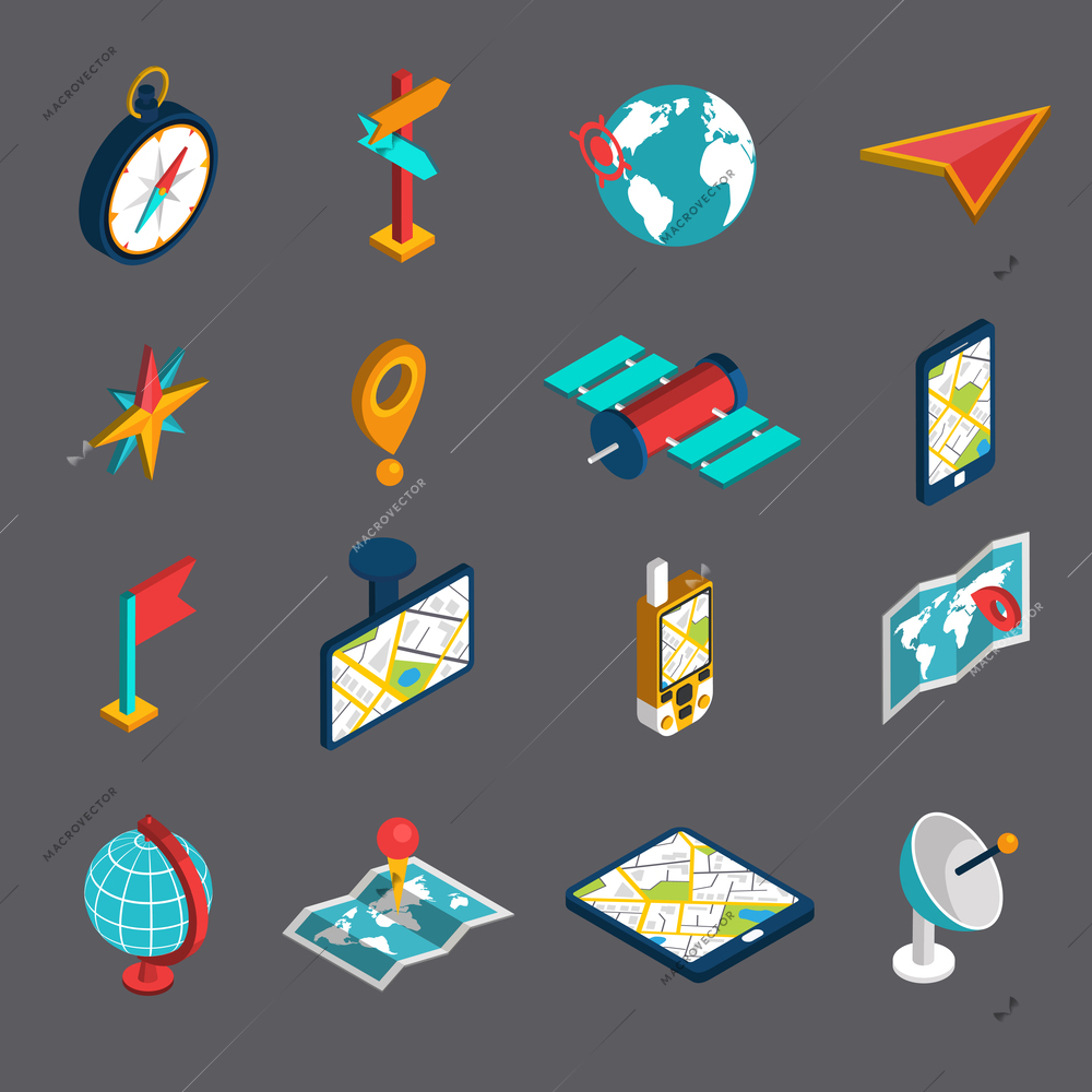 Navigation methods tools accessories and symbol isometric icon set isolated vector illustration