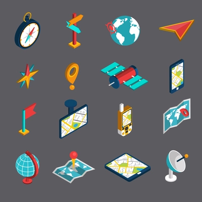 Navigation methods tools accessories and symbol isometric icon set isolated vector illustration