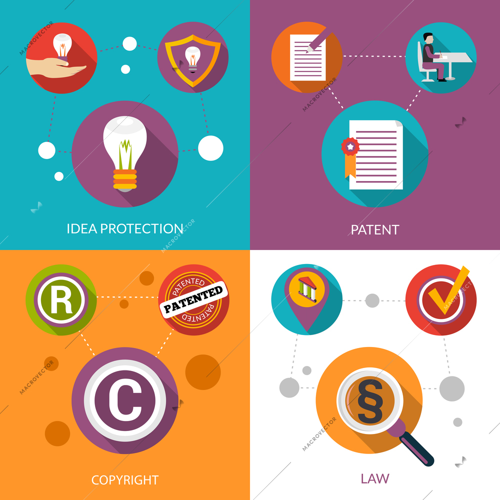 Patent idea protection design concept set with copyright and law flat icons isolated vector illustration