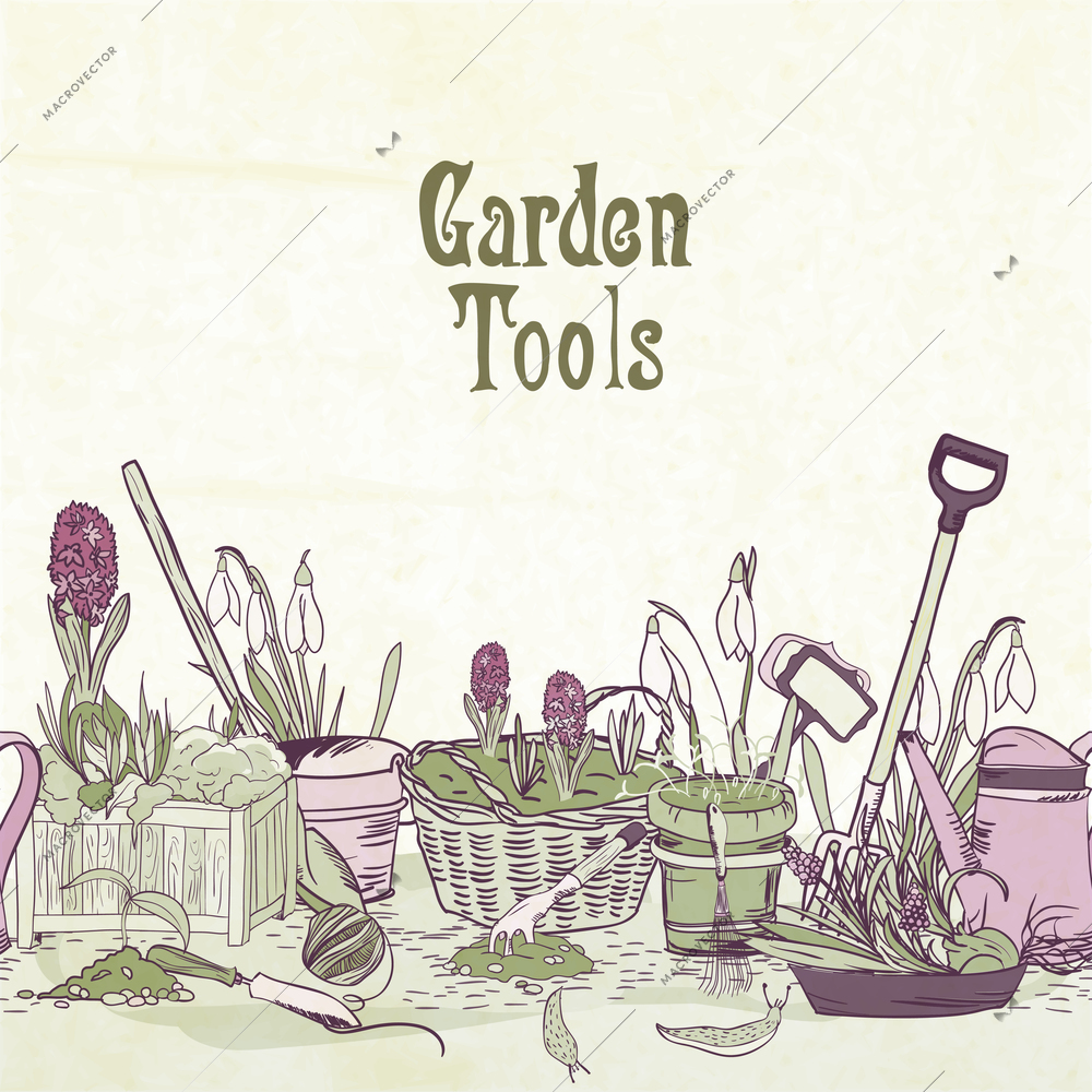 Hand drawn gardening tools album cover border or frame with shovel secateurs rake and watering can vector illustration