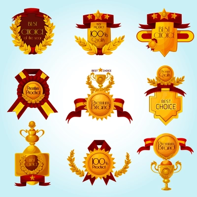 Golden award premium sale emblems cartoon set isolated vector illustration