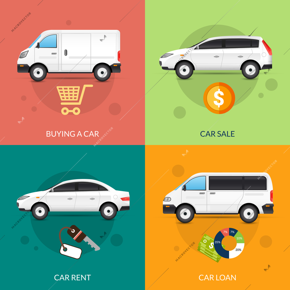 Car rent and sale design concept set with flat auto icons isolated vector illustration