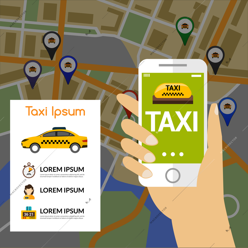 Taxi navigation concept with human hand holding mobile phone and map on background vector illustration