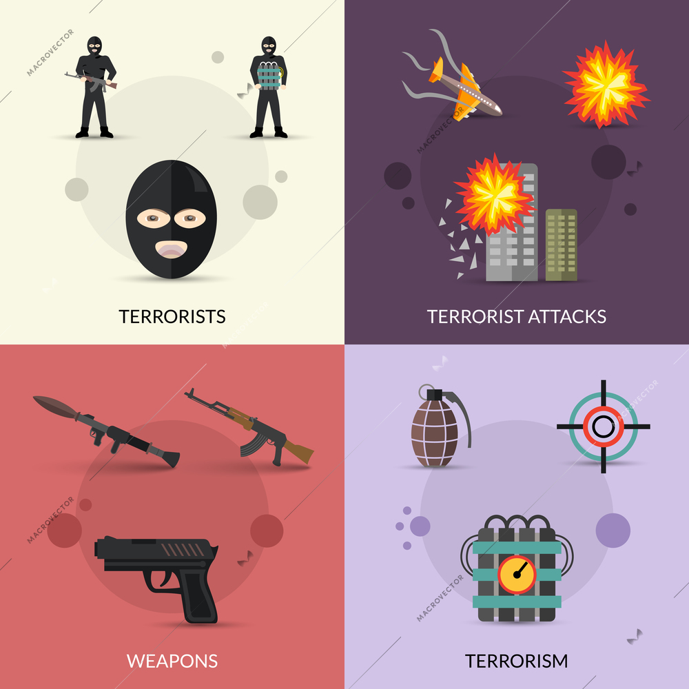 Terrorism design concept set with terrorist attacks and weapons flat icons set isolated vector illustration