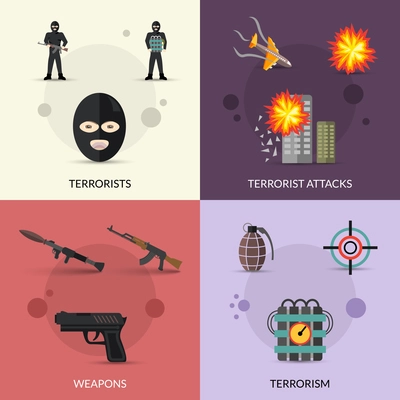 Terrorism design concept set with terrorist attacks and weapons flat icons set isolated vector illustration