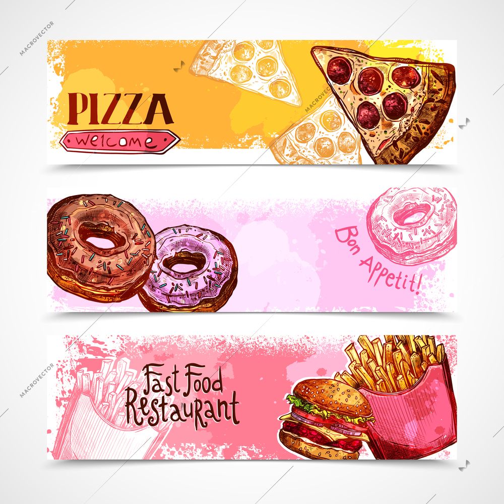 Fast food horizontal banners set with hand drawn donut pizza and hamburger isolated vector illustration