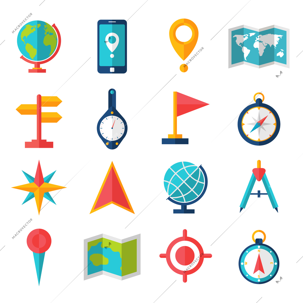 Cartography and geography tools accessories and symbol flat icon set isolated vector illustration