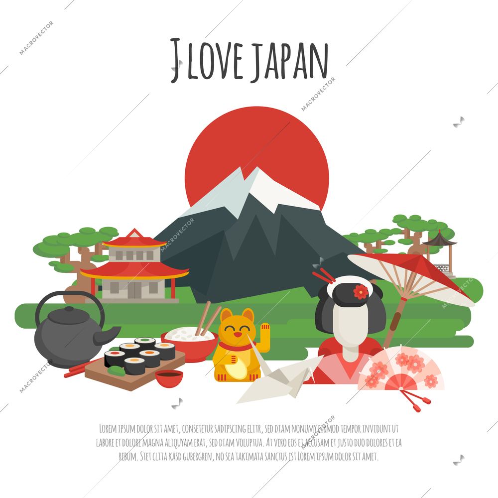 Japanese national symbols with i love japan tagline color poster flat vector illustration