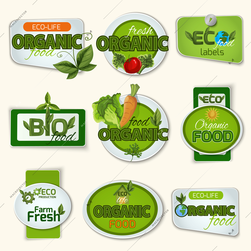 Bio and organic food farm and life green badges set isolated vector illustration