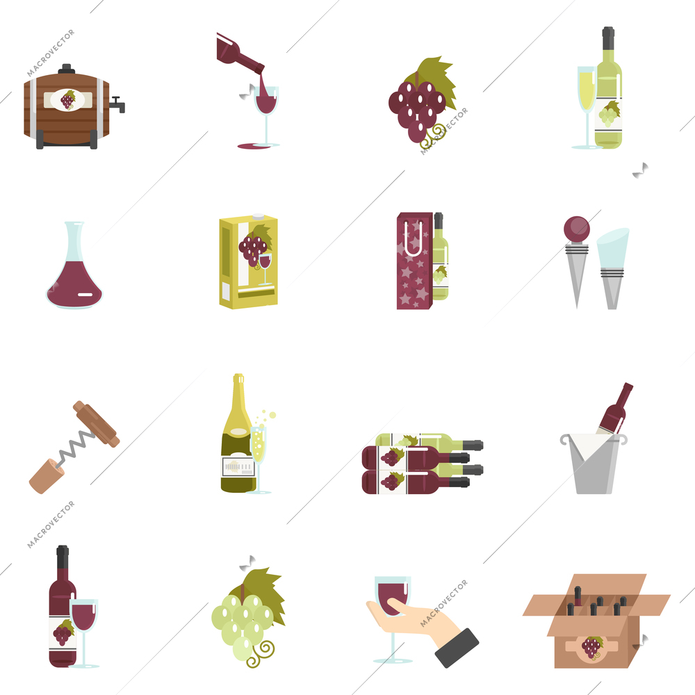 Wine icon flat set with barrel corkscrew grape isolated vector illustration