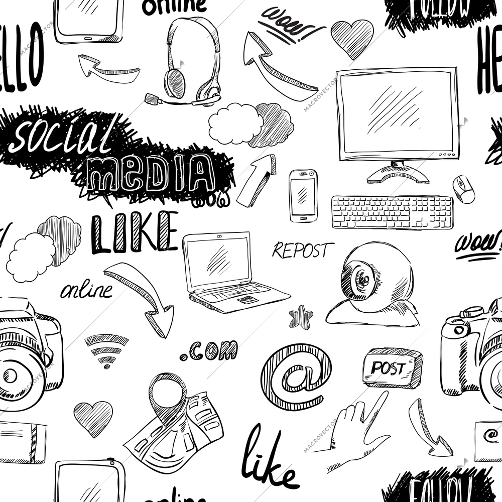 Seamless doodle blog social media applications pattern background vector illustration