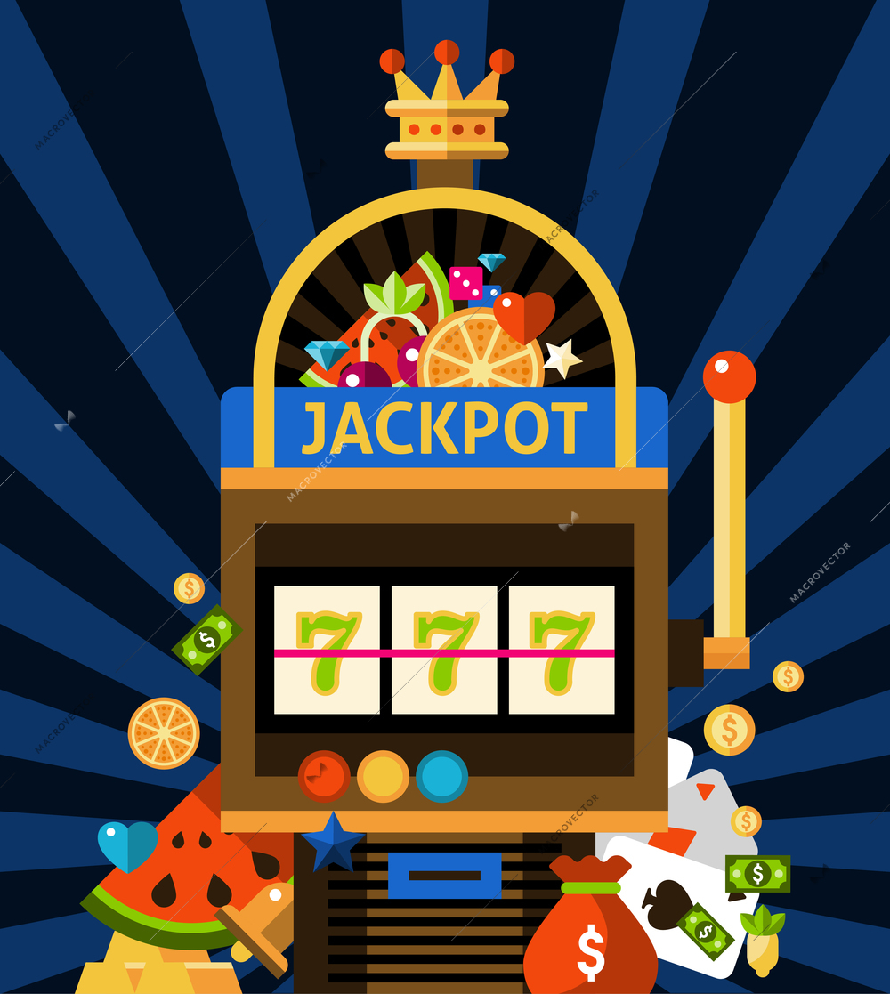 Slot machine concept with jackpot crown and money on dark blue background with rays flat vector illustration