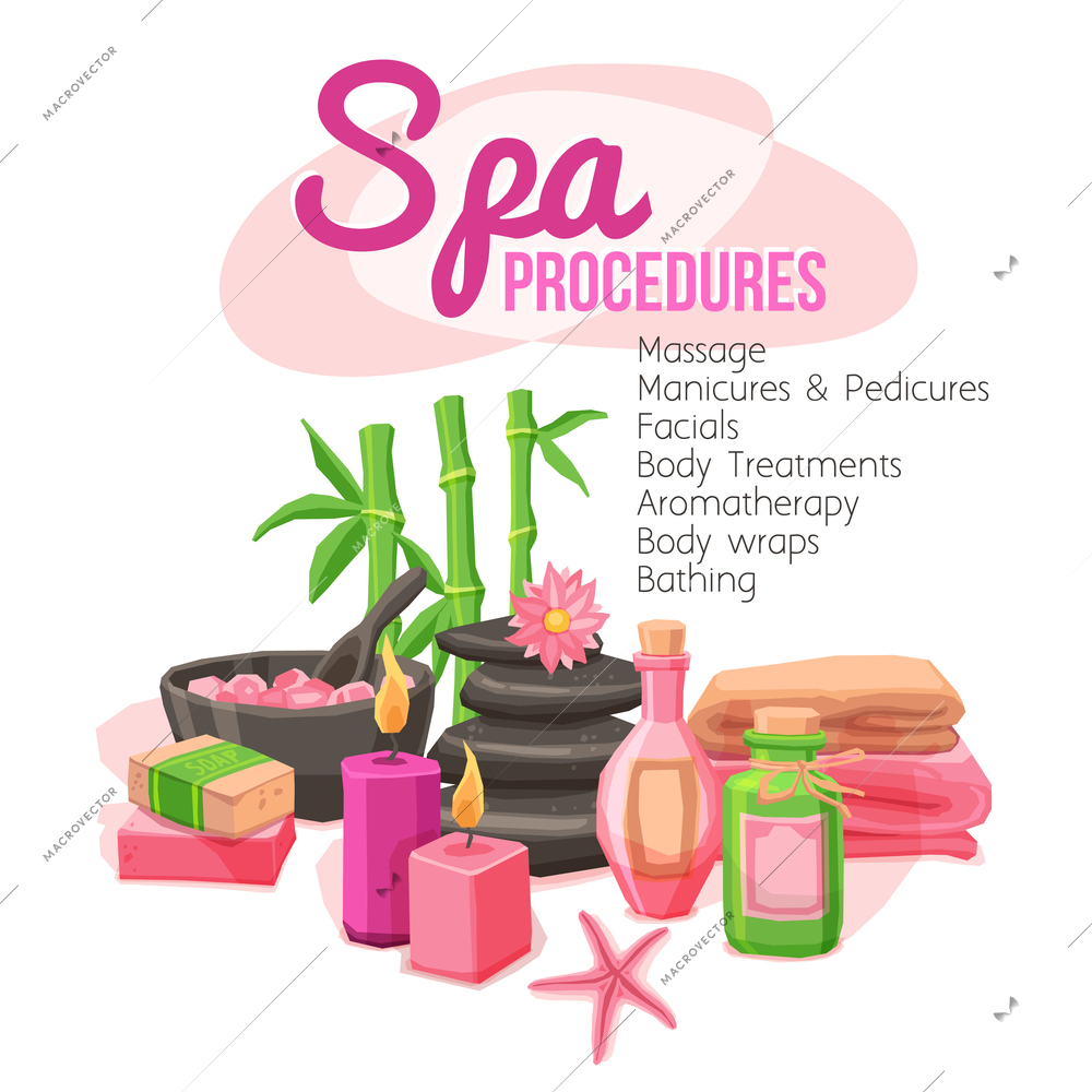 Spa procedures concept with beauty treatment elements set vector illustration