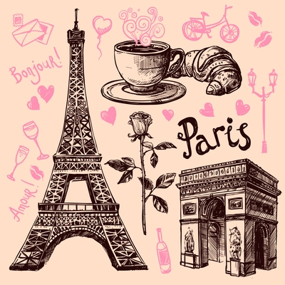 Paris Eiffel Tower and bakery hand drawing symbol set vector illustration