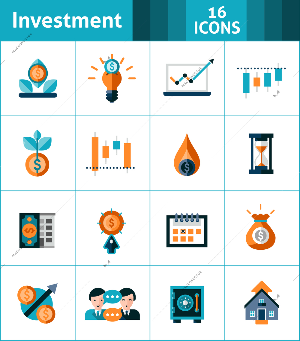 Investment icons set with market analysis stock exchange symbols isolated vector illustration