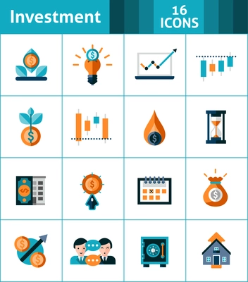 Investment icons set with market analysis stock exchange symbols isolated vector illustration