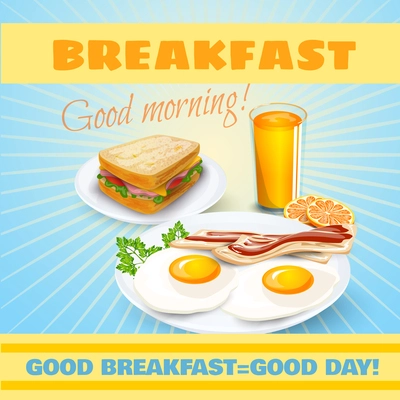Classic breakfast motel advertisement retro poster with ham sandwich and fried eggs bacon pictograms abstract vector illustration