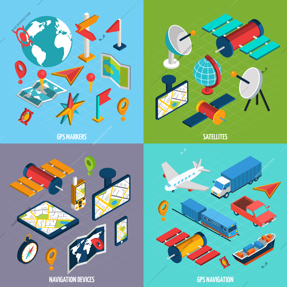 Gps navigation satellites markers and devices with symbol and accessories isometric icon set isolated vector illustration