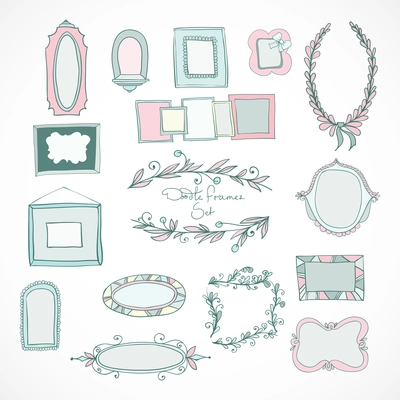 Collection of hand drawn doodle frames and design elements for wedding decoration isolated vector illustration