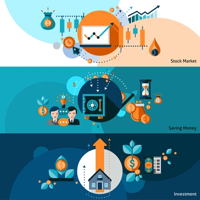 Investment horizontal banner set with stock market and money saving flat elements isolated vector illustration