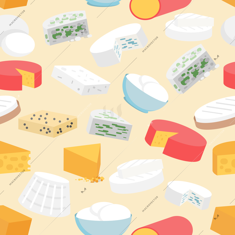 Cheese variety flat seamless pattern with cheddar mozzarella gouda camembert vector illustration