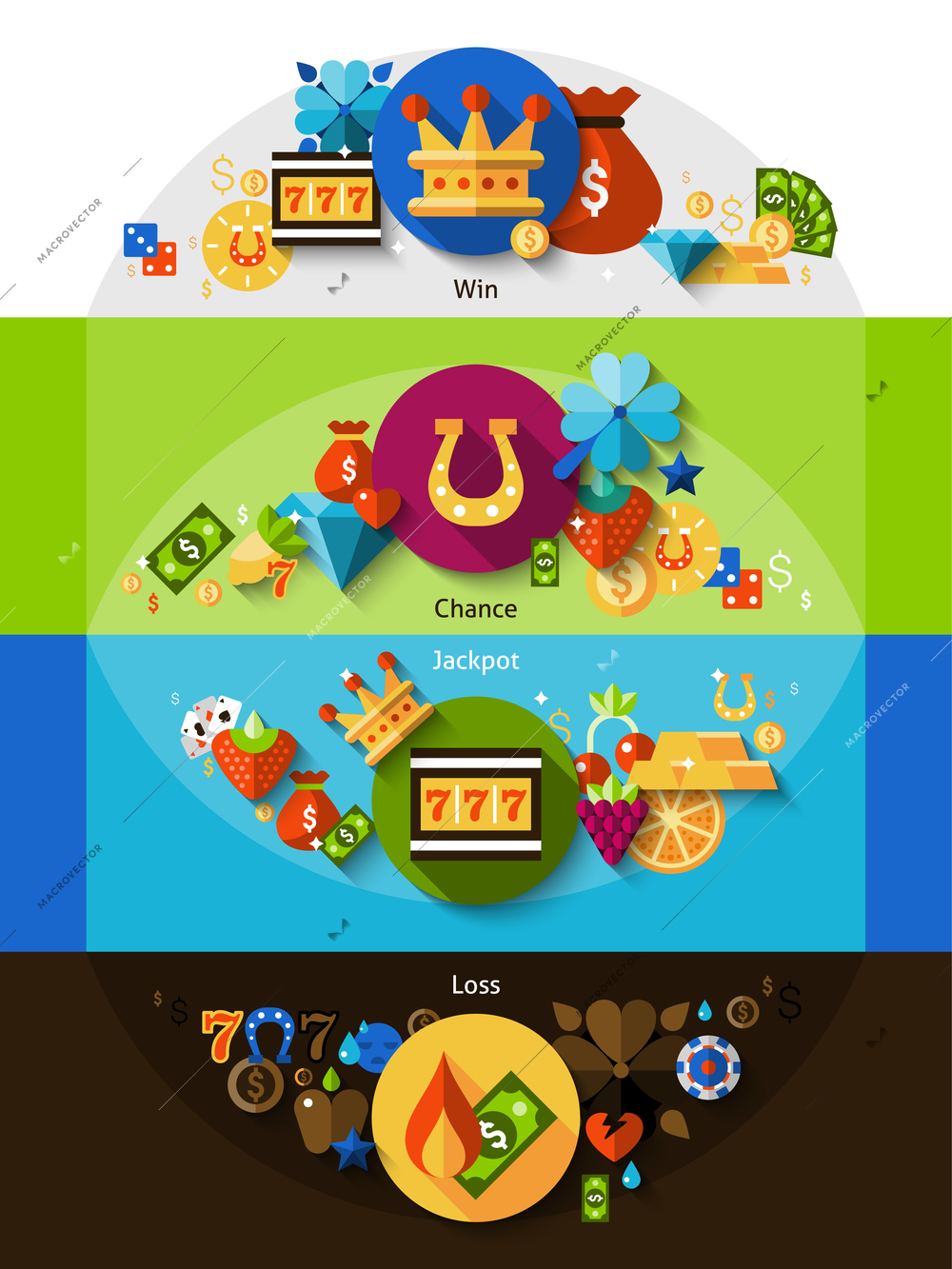 Slot machine with symbols for win chance jackpot and loss shadow horizontal banners set flat isolated vector illustration