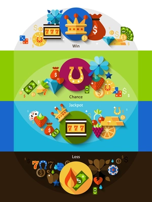 Slot machine with symbols for win chance jackpot and loss shadow horizontal banners set flat isolated vector illustration