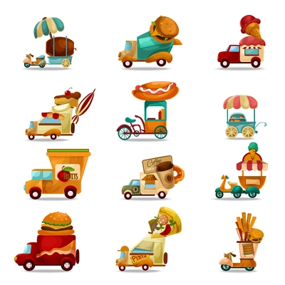 Mobile food stores and delivery trucks cartoon set isolated vector illustration